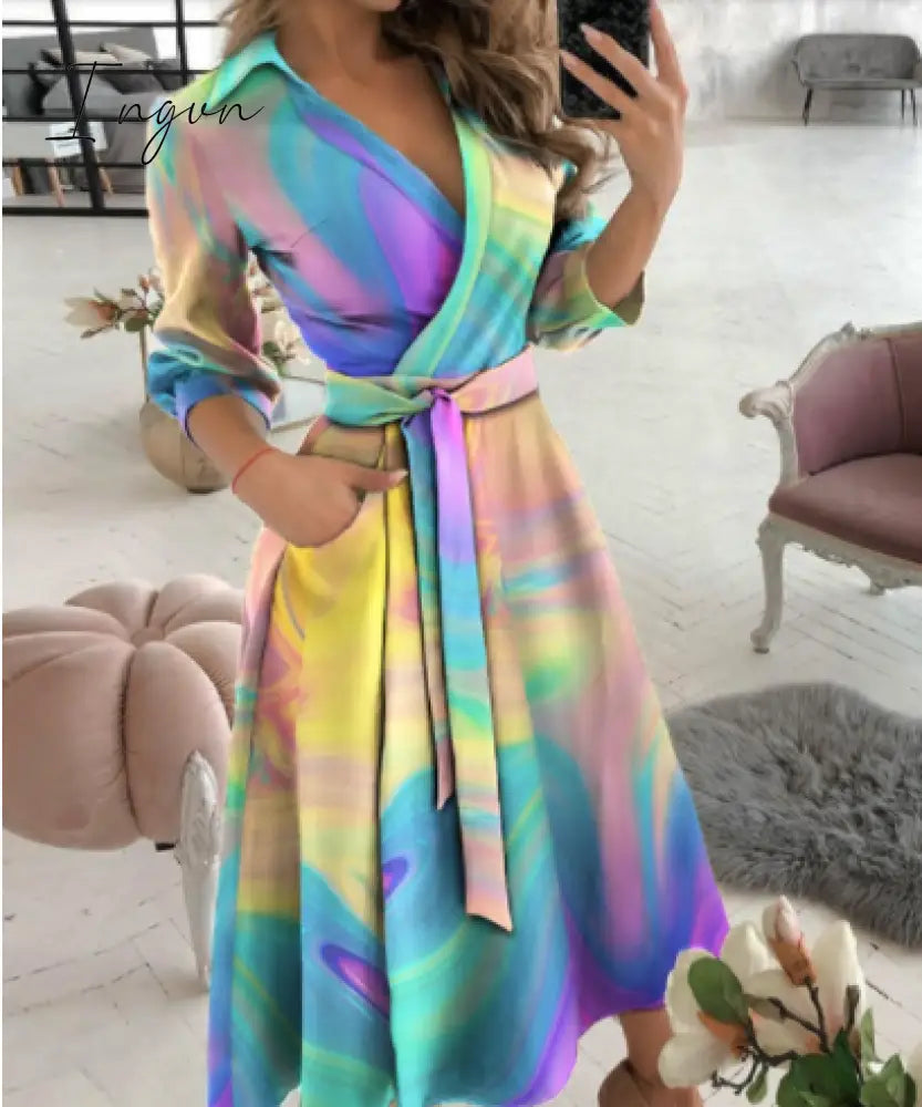 Ingvn - Spring and summer fashion plus size ruched dress long-sleeved V-neck print bag hip dress women's clothing dress for women