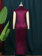 Ingvn - Women Dress Pleated Long Wine Red Elegant Slit High Collar Slim Fit Sleeveless Maxi Robes Female Shiny Gowns Party 2023 Spring