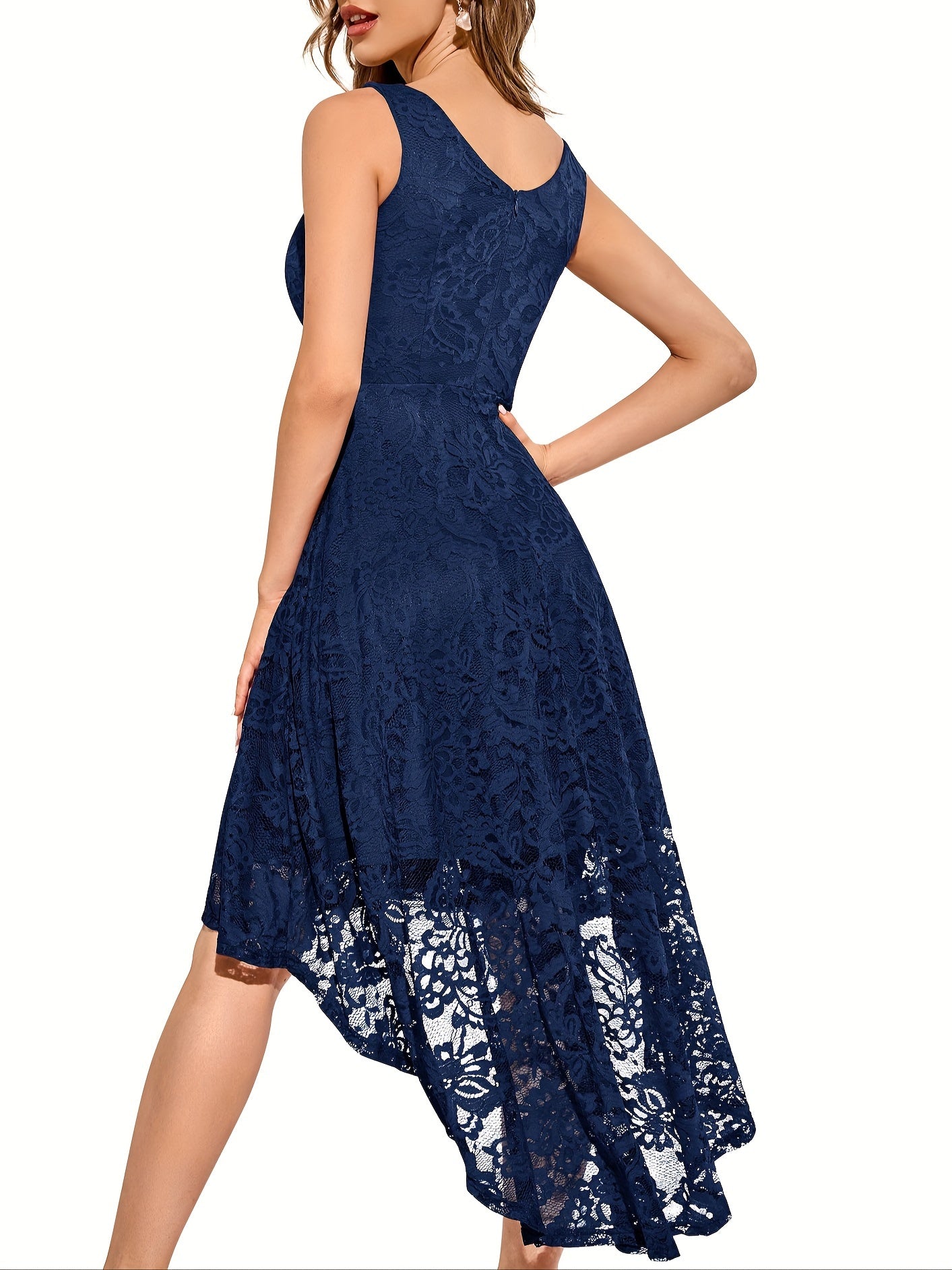 Solid Lace Asymmetrical Hem Dress, Elegant Sleeveless Aline Tank Dress For Wedding Party, Women's Clothing