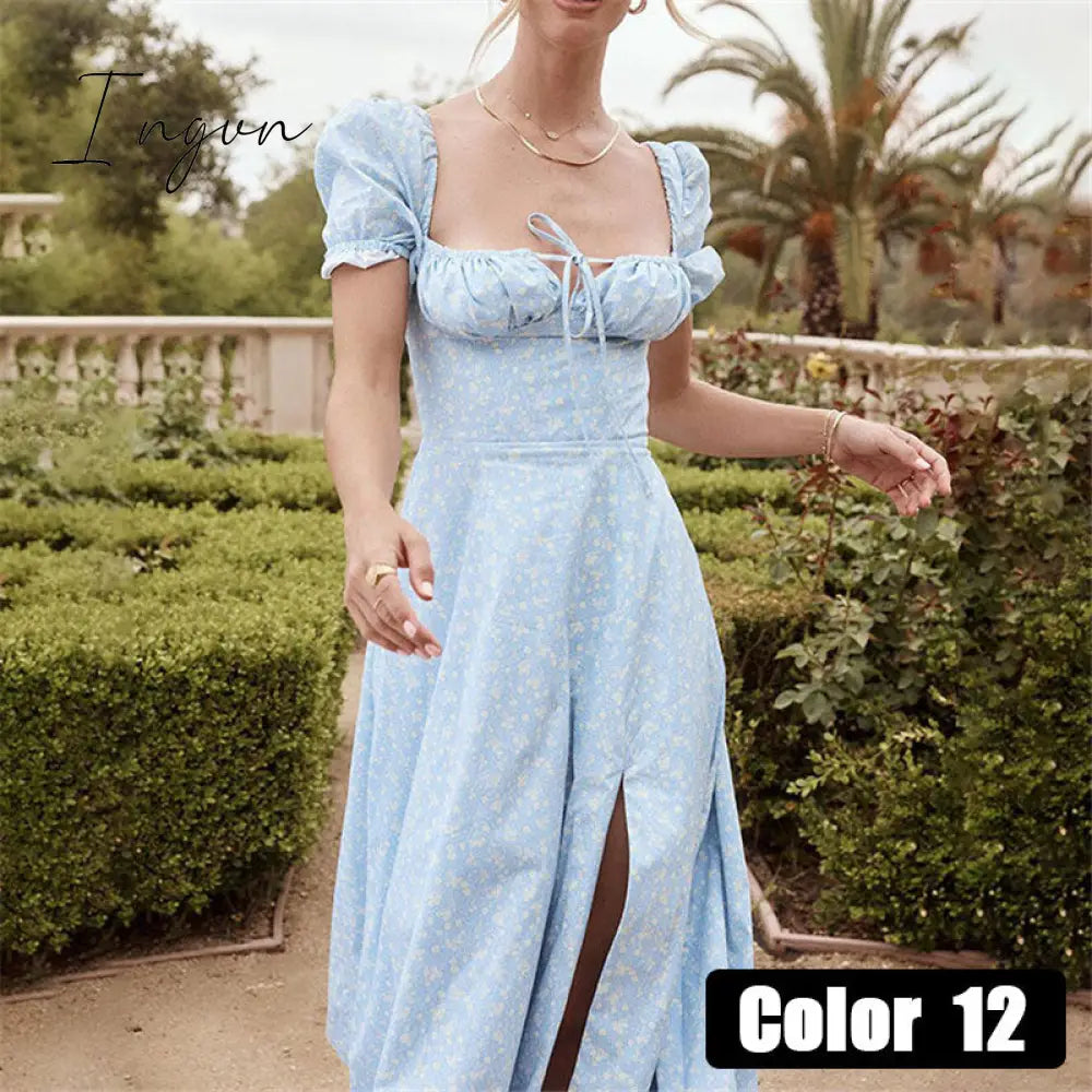 Ingvn - womens fashion Vintage Square Collar Printed Dress Women Sweet Puff Sleeve Slim Long Casual Split Spring Summer Floral Dress Ladies New