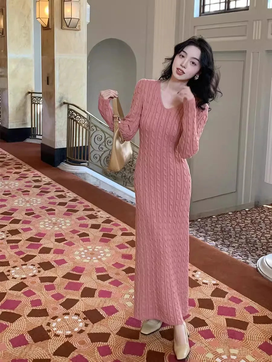Elegant Knitted Dress for Women Autumn V-neck Bodycon Slim Sweater Dresses Winter Solid Casual Korean Fashion Vestidos Mujer New