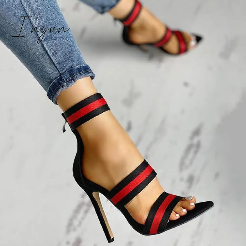 Ingvn - Stripes Open Toe Thin Heels