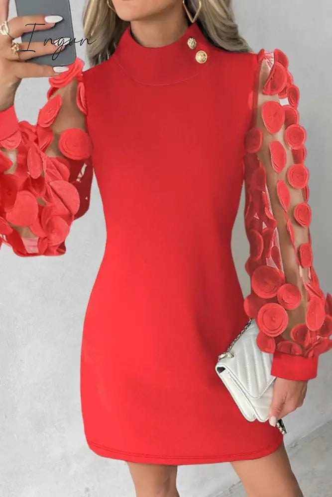 Ingvn - Elegant Solid Buttons Appliques Half A Turtleneck A Line Dresses