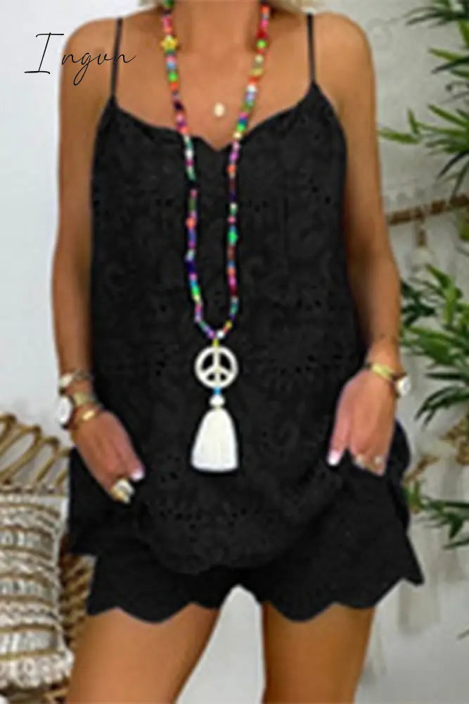 Ingvn - Casual Solid Lace Pocket V Neck Sleeveless Two Pieces