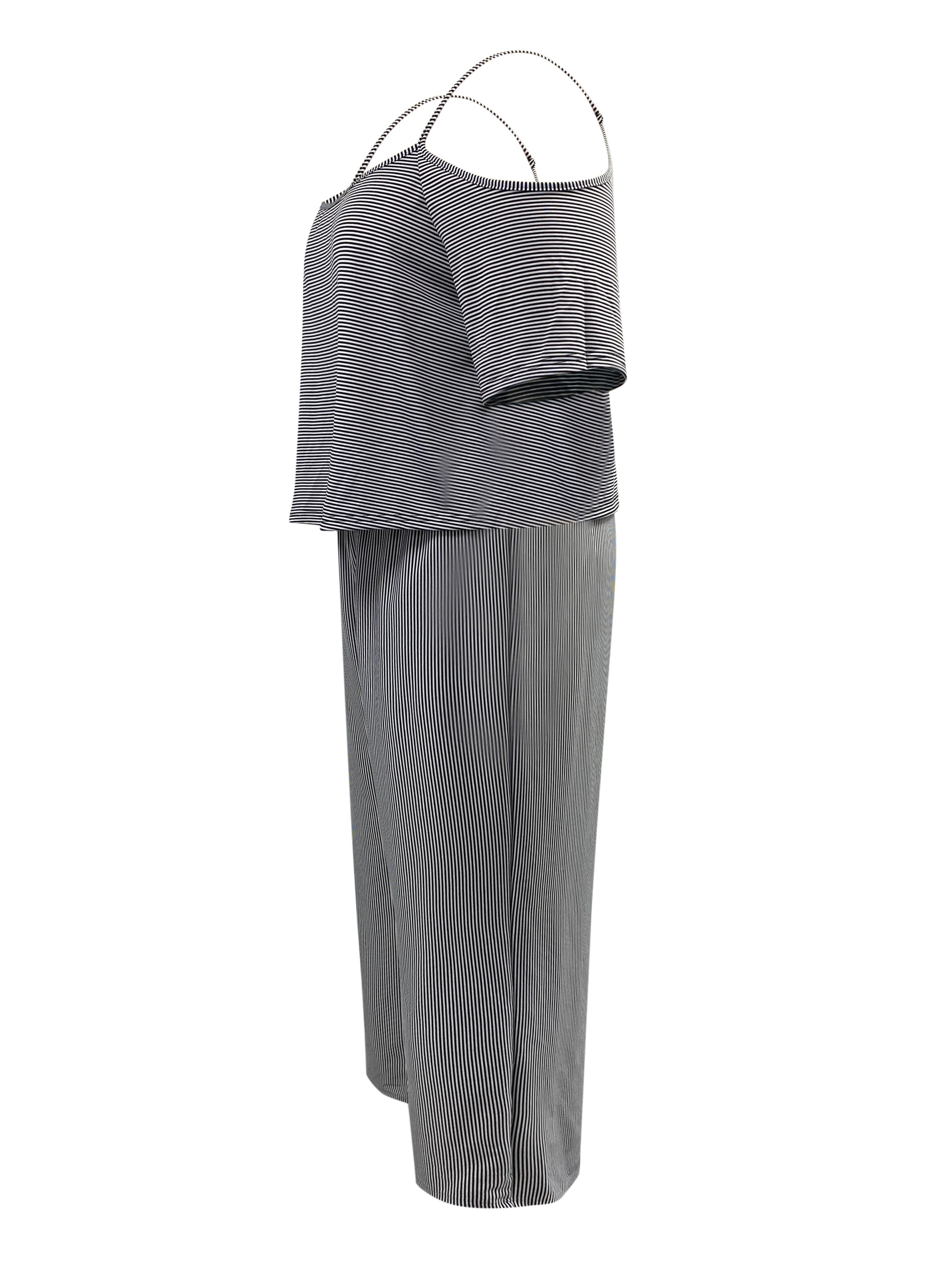 Plus Size Casual Outfits Two Piece Set, Women's Plus Stripe Print Cold Shoulder Top & Wide Leg Pants With Pockets Outfits 2 Piece Set