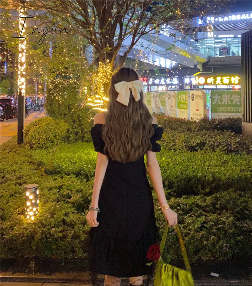 Ingvn - New Gothic Women Black Fairy Party Dress Cross Square Collar Lolita Princess Irregular Dress Cute Kawaii Lace Ruffles Chic Dress