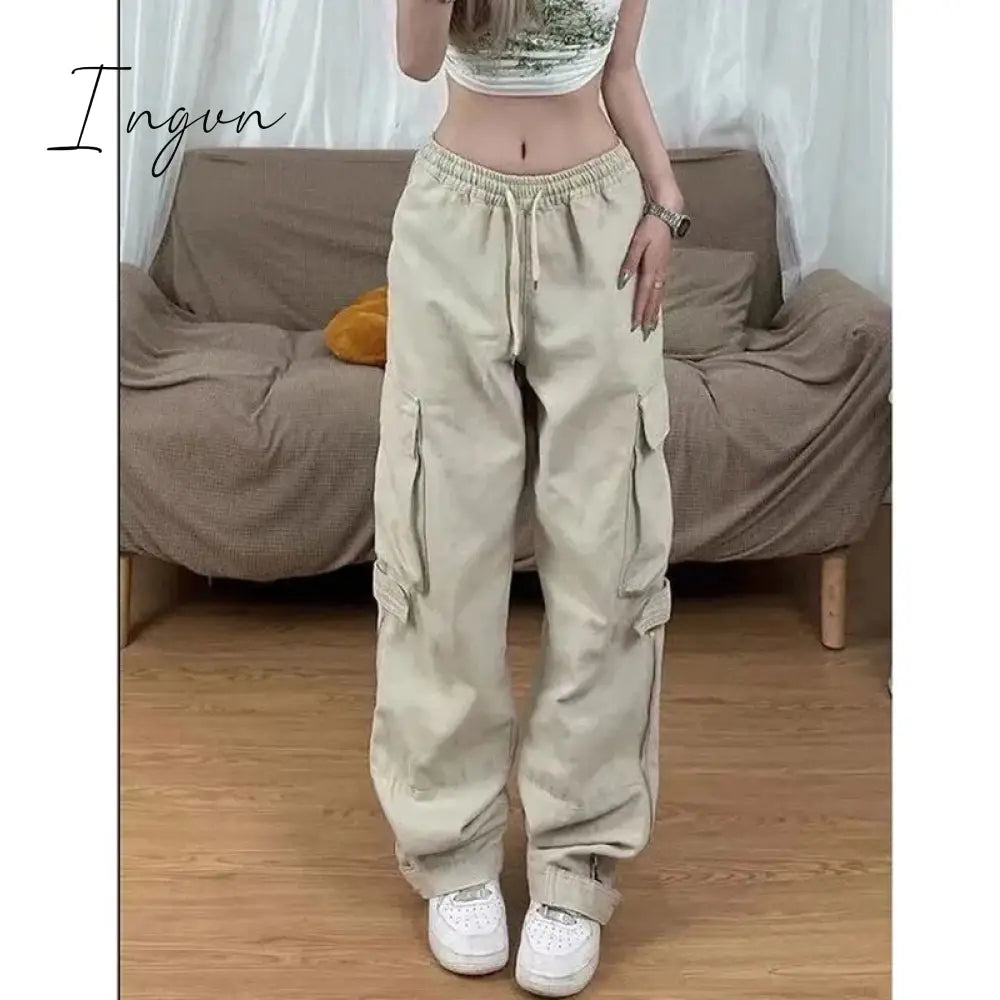 Ingvn - American Y2K White Vintage Cargo Jeans Fashion Pocket High Waist Straight Pants High Street Baggy Wide Leg Denim Trouser Ladies