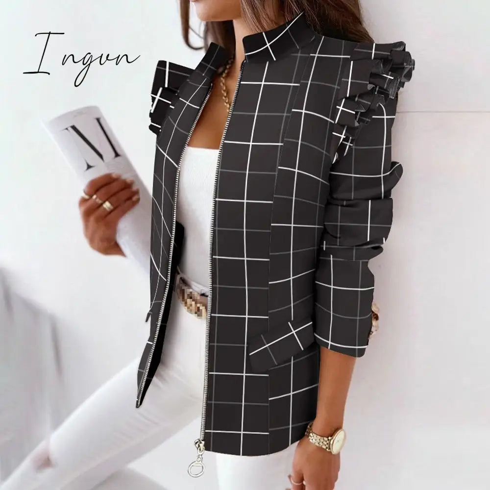 Ingvn - Casual Plaid Zip Blazer Jacket Women Spring Fall Long Sleeve Stand Neck Slim Coats Elegant Leopard Ruffle Office Suit Coat