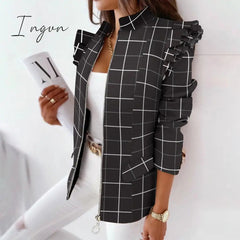 Ingvn - Casual Plaid Zip Blazer Jacket Women Spring Fall Long Sleeve Stand Neck Slim Coats Elegant Leopard Ruffle Office Suit Coat