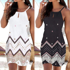 Ingvn - Women Halter Neck Boho Print Dresses Sleeveless Casual Mini Beachwear Dress Sundress Casual Daily Comfy Dress Dropshipping