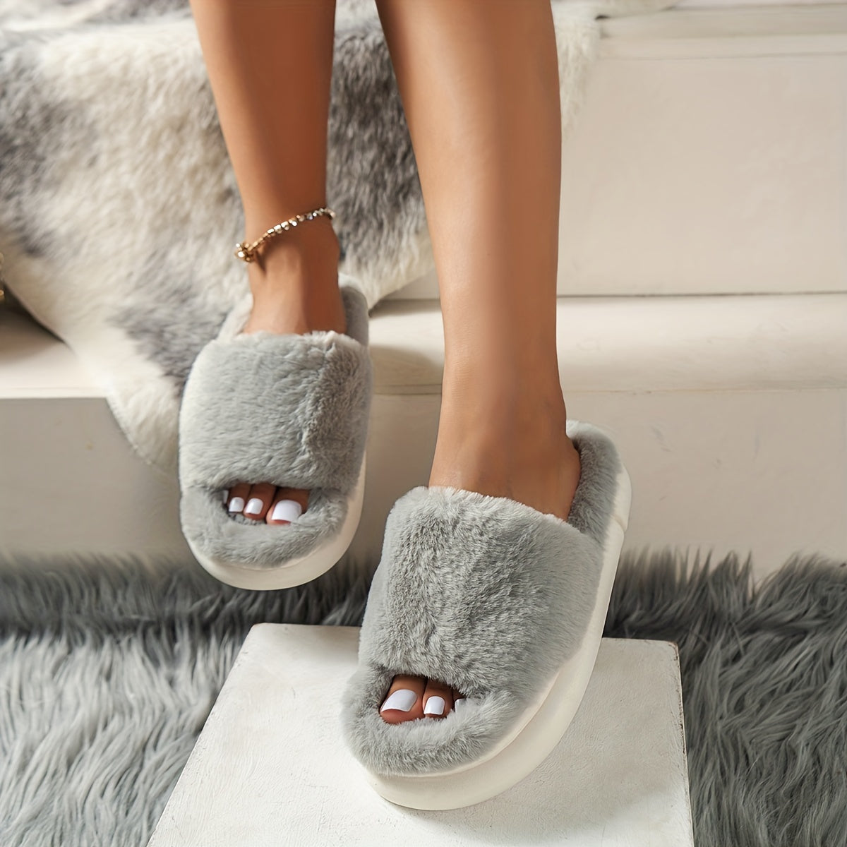 CozyPlus Furry House Slippers - Slippers with Single Band Open Toe Platform, Fuzzy Comfy Warm Design for Home Relaxation - Perfect for Cold Winter Days