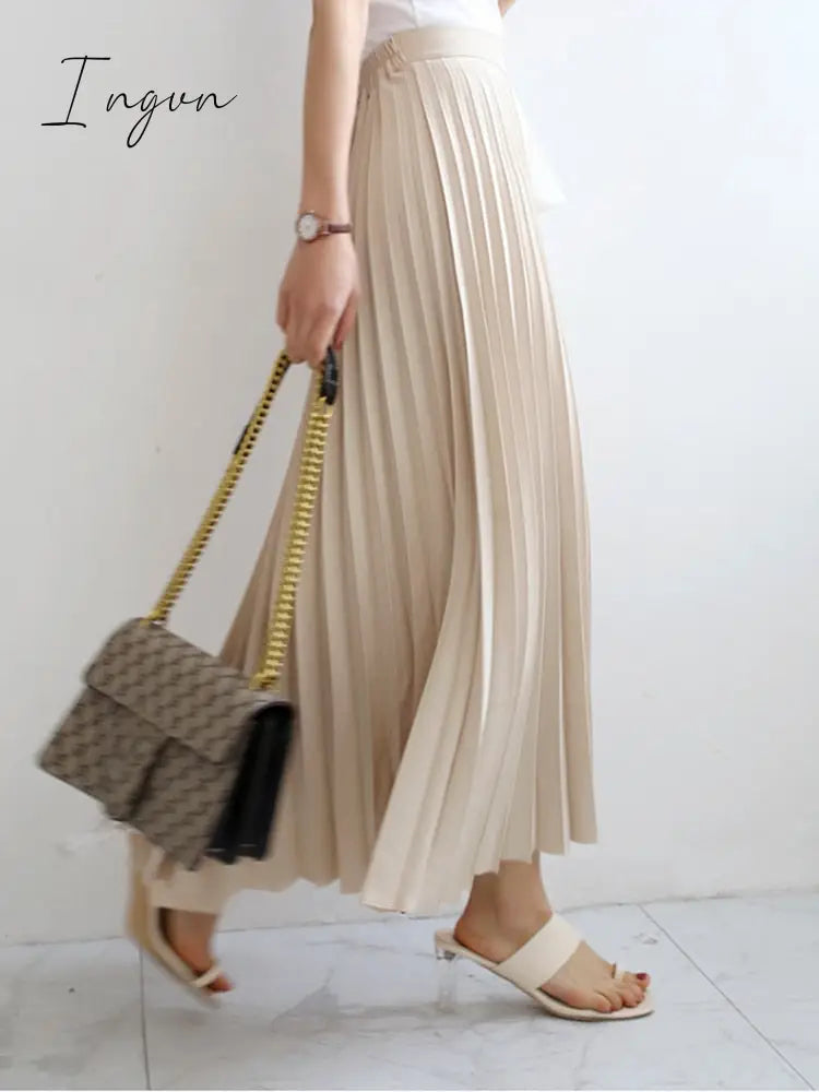 Ingvn - Brand Designer Women Spring Autumn Elegant Chic Solid Pleated Skirt High Waist Luxury Fashion With Elastic Female C-035