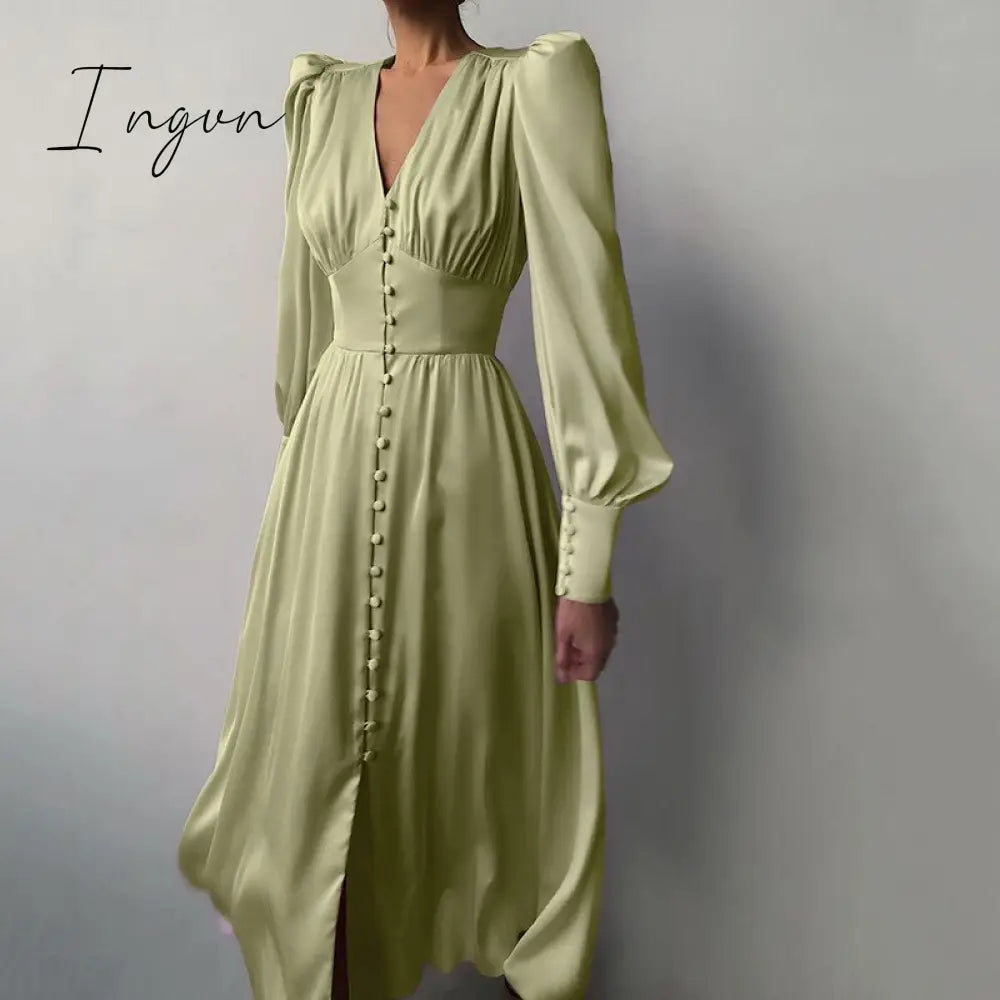 Ingvn - Dress Silk Satin Evening Party Dress Mid-Calf High Quality Empire Buttons Elegant Vintage Wedding Guest Maxi Dress SJY-6899