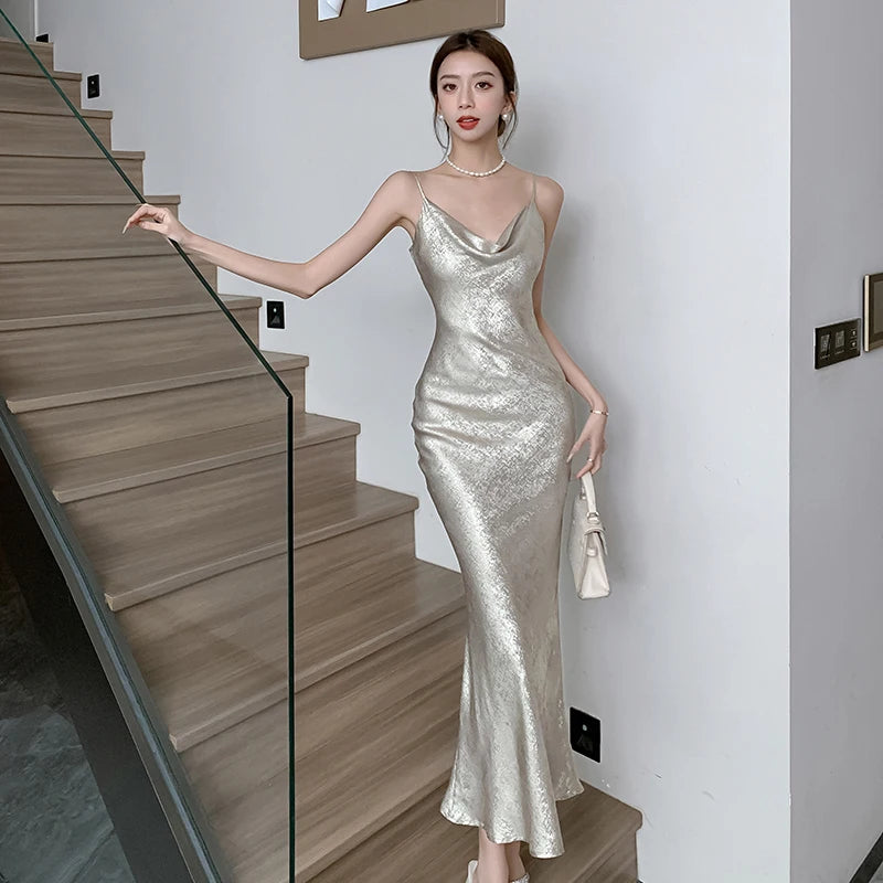 Elegant Sexy Backless Evening Wedding Party Long Dresses for Women Summer New Korean Sleeveless Mermaid Birthday Female Clothing