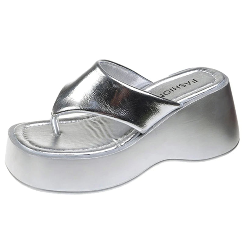 Silver PU Leather Chunky Paltform Flip Flops Women Fashion High Wedges Thong Sandals Women Summer Non-Slip Thick Sole Slippers