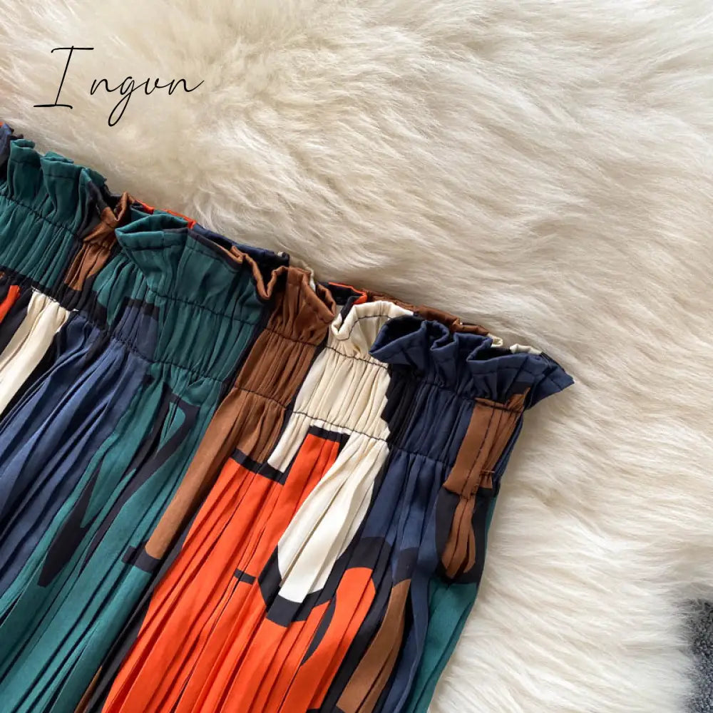 Ingvn - Women's Dress Spring Retro Print Casual Set Design Batwing Sleeve Single Breasted Blouse+High Waist Long Pants Two Piece Suits