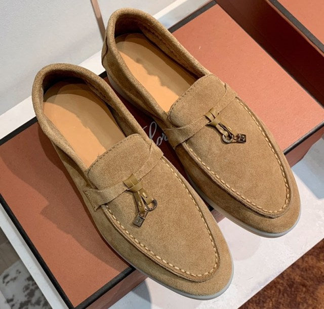 Trend New Kidsuede Women Flat Shoes Lazy Slip-on Metal Loafers Lady Casual Walk Shoes Woman Single Shoes Summer Real Leather