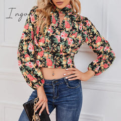 Ingvn - Cropped Floral Print Smocked Waist Blouse