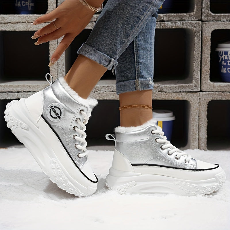 Cozy & Stylish Women's High-Top Sneakers - Plush Lined, Thick Sole, Warm Winter Booties with Lace-Up Closure