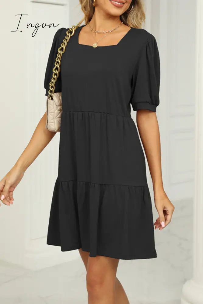 Ingvn - Casual Solid Fold Square Collar A Line Dresses