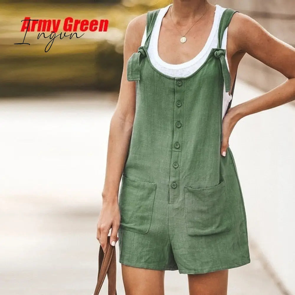Ingvn - Summer Women Sleeveless Overalls Elegant Jumpsuits Romper Casual Vintage Ladies Short Pants Cotton and linen Wide Leg Pants