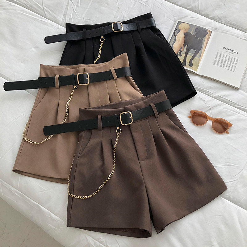 New Summer Women's Shorts Button Solid Color Pocket Casual High Waist Suit Shorts Casual Thin Women Clothing + Send Belt