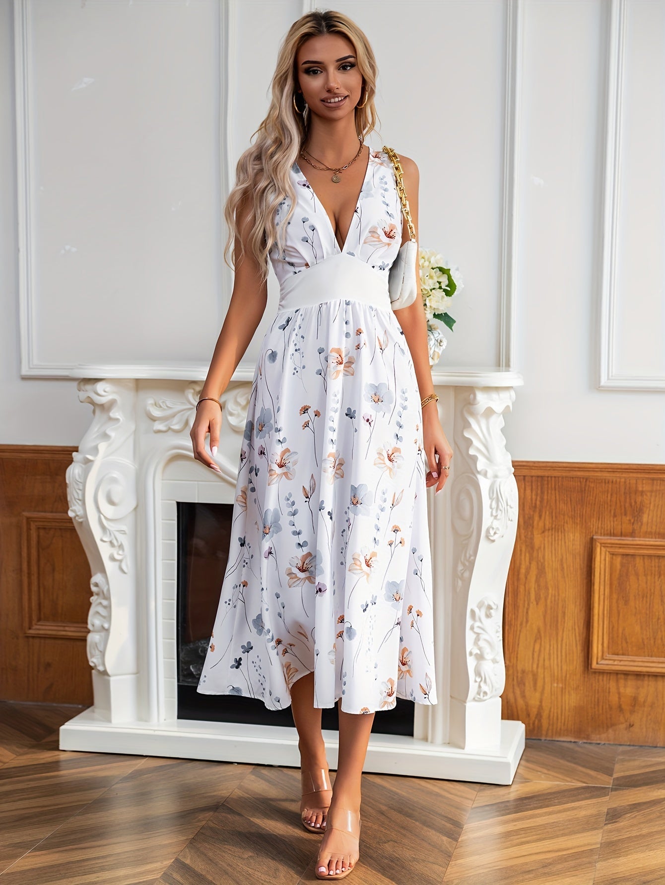 Vibrant Floral Plunge Midi Dress - Fashionable Sleeveless High Waist Design - Perfect for Casual Chic - Womens Clothing