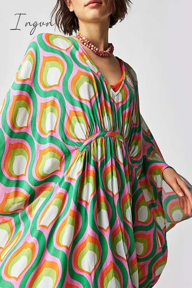 Ingvn - Vintage Vacation Geometric Print Contrast Swimwears Cover Up