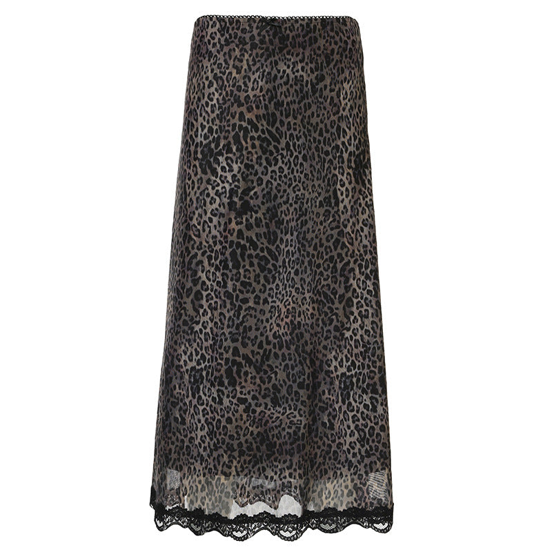 Vintage Leopard Print Sheer Mesh Skirt Women's American Style Lace Trimmed Bodycon Dress New Arrival Medium Length Dress