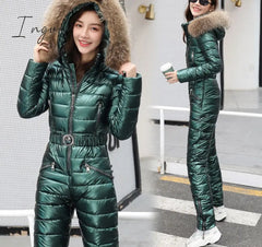 Ingvn - One Piece Ski Suit Women Jackets Winter Hooded Parka Jumpsuit Women Cotton bodysuit Sashes Jumpsuits Zipper Overalls Tracksuits