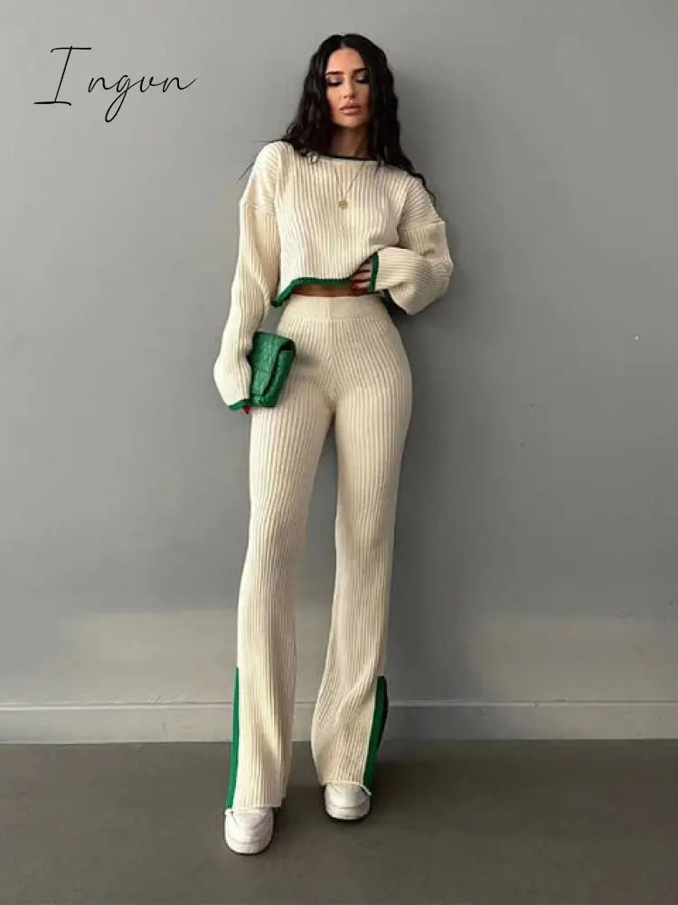 Ingvn - Clothes Outfits For Women Tracksuits Casual Tops Pants Slit Set Solid Knit Sweaters 2 Piece Matching Sets Elegant