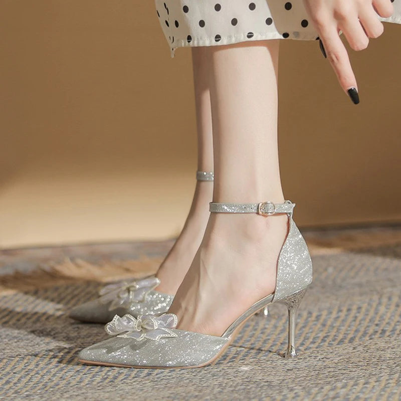 Ingvn  Elegant Silver High Heels Pumps Women Autumn Plus Size 42 Ankle Straps Party Shoes Woman Pointed Toe Bowtie Wedding Shoes