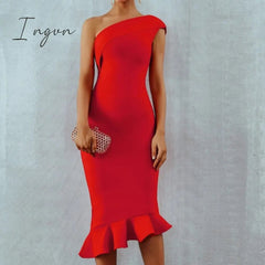 Ingvn - New Summer Women Bandage Dress Sexy One Shoulder Sleeveless Ruffles Nightclub Celebrity Evening Party Mermaid Dresses