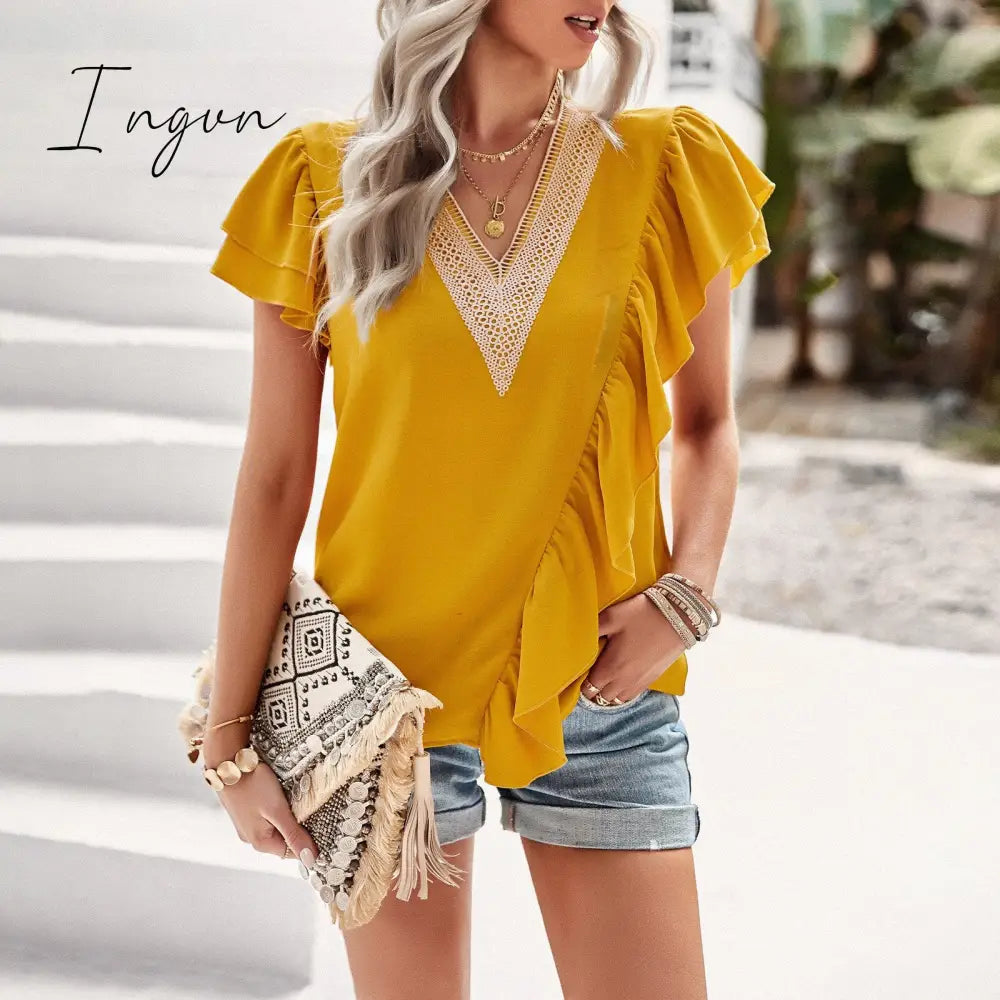 Ingvn - Short sleeved shirt for women's summer 2023 temperament commuting V-neck ruffle top