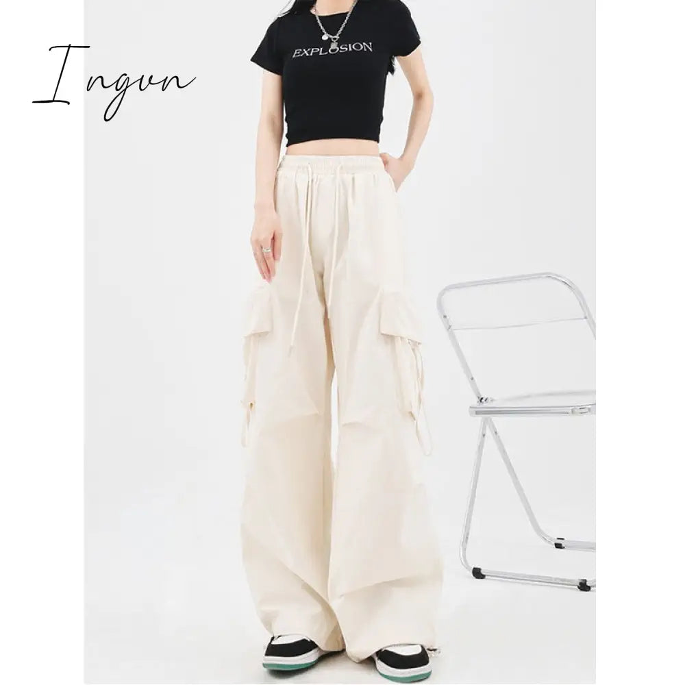 Ingvn - Harajuku Y2k Wide Cargo Pants Women Baggy Hip Hop Style Black Parachute Pants Pink Oversized Joggers Korean Streetwear
