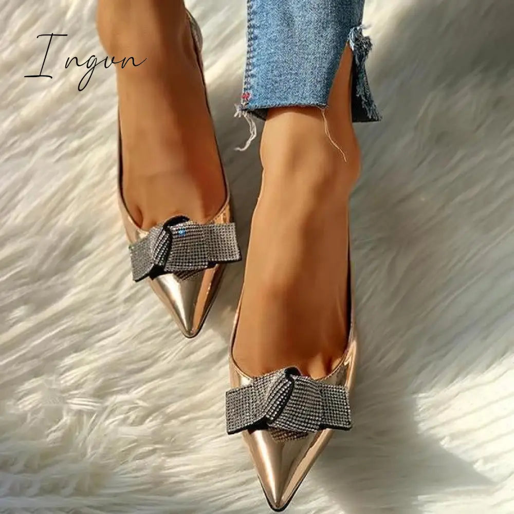Ingvn - Pointed Toe Studded Bowknot Slingback Thin Heels