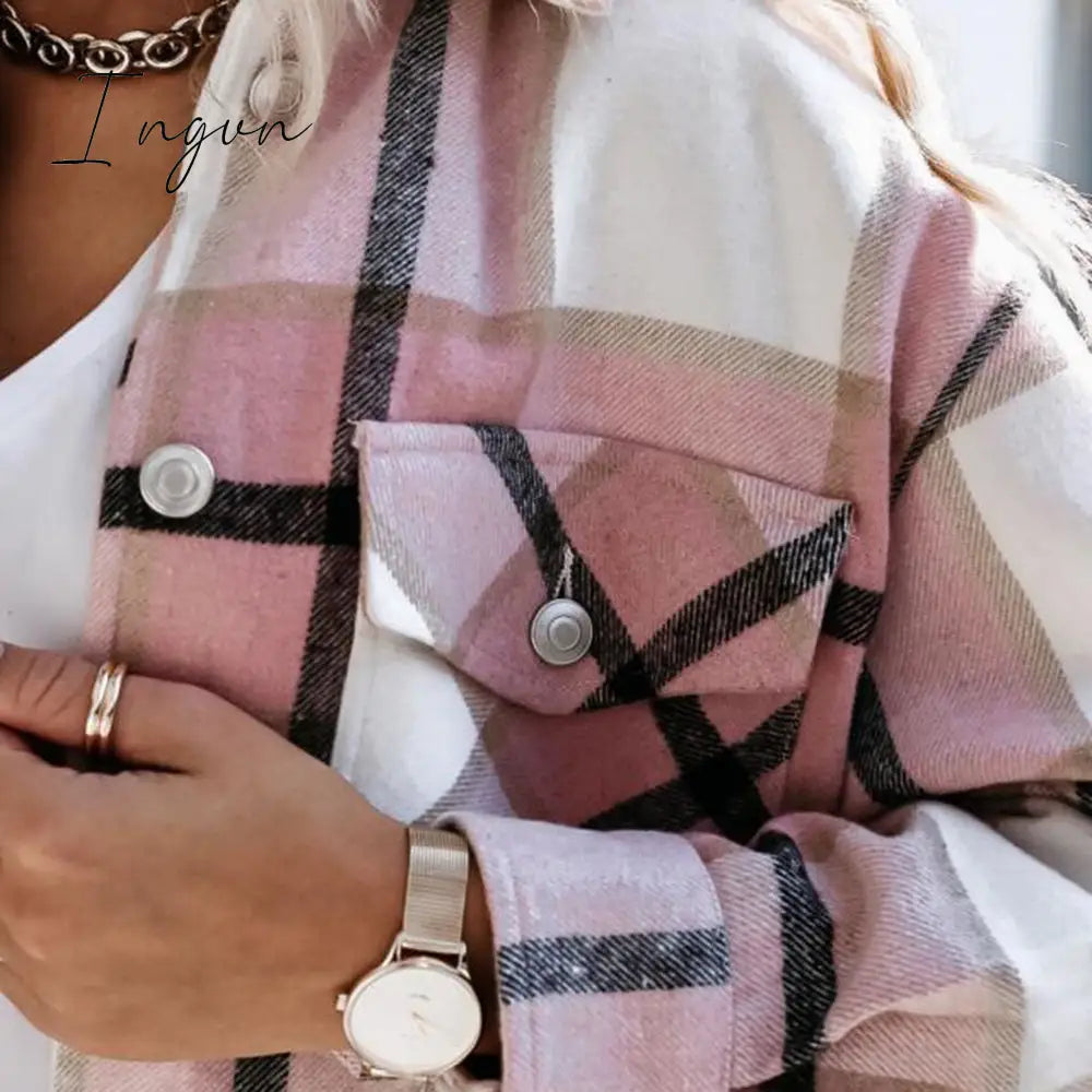 Ingvn - Shirts For Women Plaid Long Sleeve Button Up Shirt Collared Tops And Blouse Autumn Spring Fashion Loose Casual Black White
