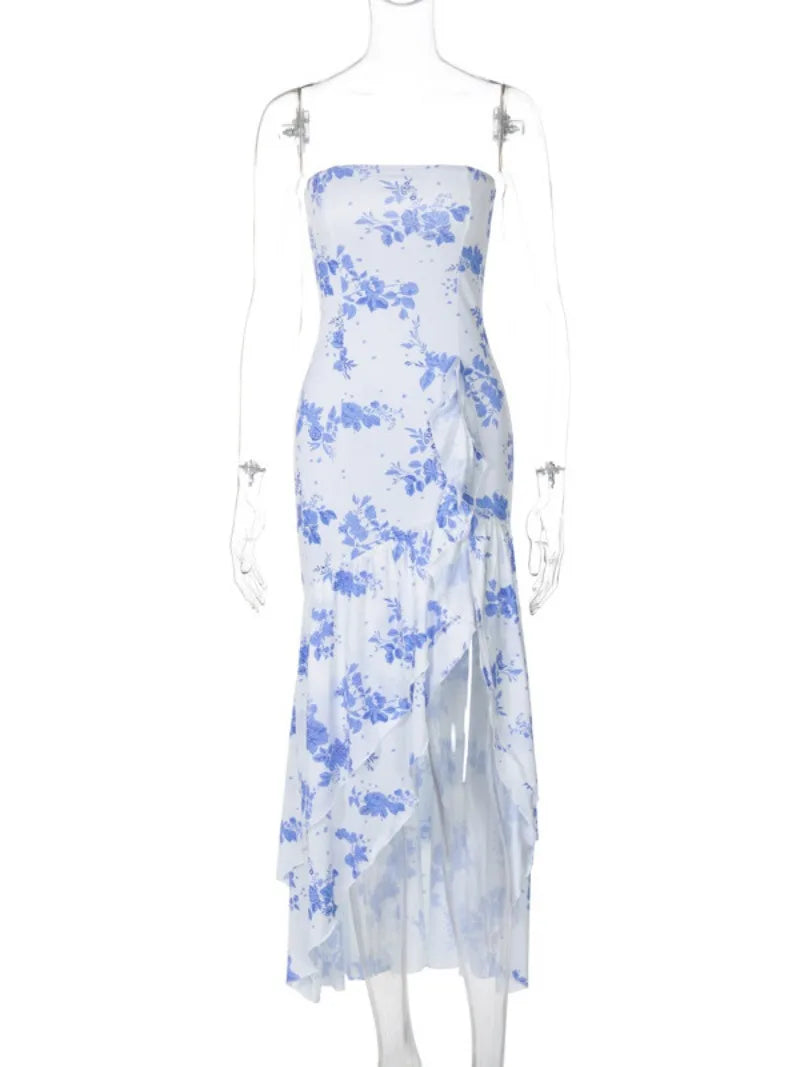 Ingvn  Blue Floral Print Strapless Summer Dresses for Women Sleeveless High Waist Backless Ruffles Irregular Split Evening Party Dress