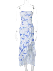 Ingvn  Blue Floral Print Strapless Summer Dresses for Women Sleeveless High Waist Backless Ruffles Irregular Split Evening Party Dress