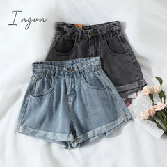 Ingvn - New Summer High Waist Denim Shorts Women Casual Loose Ladies Fashion Plus Size Elastic Waist Wide Leg Short Jeans Female