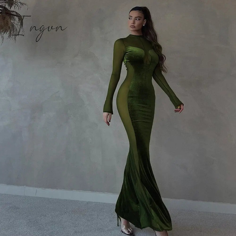 Ingvn - Womens Fall Fashion Mesh Patchwork O Neck Long Sleeve Maxi Dress Women Autumn Winter Elegant Sexy See Through Party Dresses Club Outfits