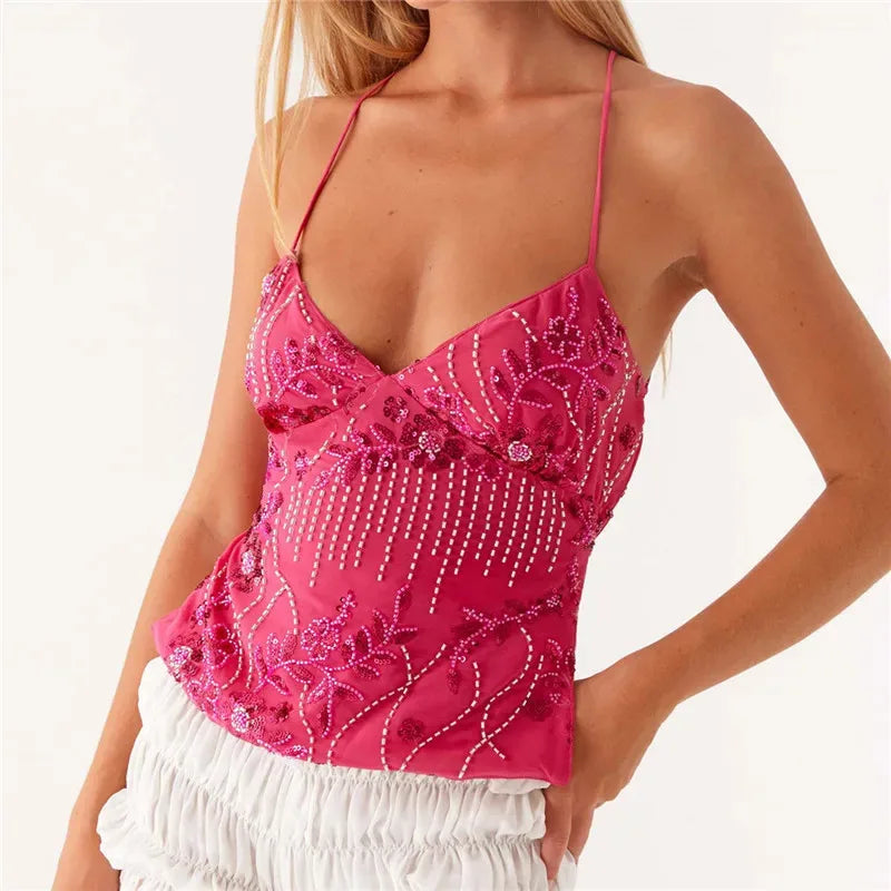 Sexy Sequin Rhinestone Crop Tops Women Y2k Fairy Coquette Camis Pearl Glitter V Neck Backless Tank Shirt Vest Beach