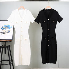 Summer French Style Gentle Style Tassel Knitted Short-sleeved Dress Women's V-neck Solid Color Elegant Slimming Mid-length Dress