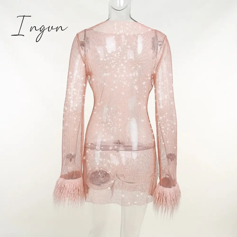 Ingvn - Round Collar See Through Dress Women Sexy Long Sleeve Elegant Female Clubwear Solid Mesh Tassel White Feather Mini Dress