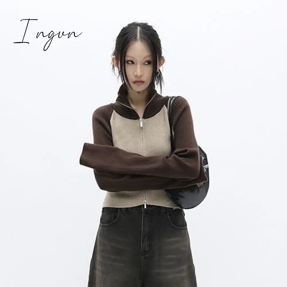 Ingvn - Cropped Cardigan Women Sweater Fashion Korean Knitwears Patchwork Turtleneck Tunic Jackets Sueter Mujer Sweaters Coat Y2k Tops