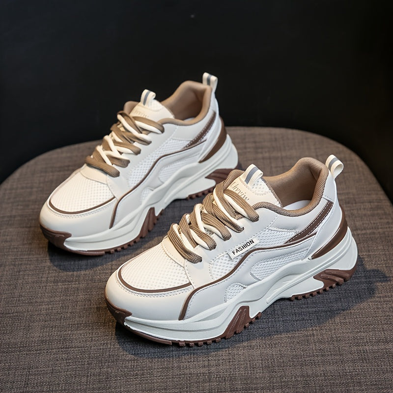 Women's Fashion Contrasting Sneakers, Casual Sports Shoes, Breathable Chunky Sole Lace-Up Design