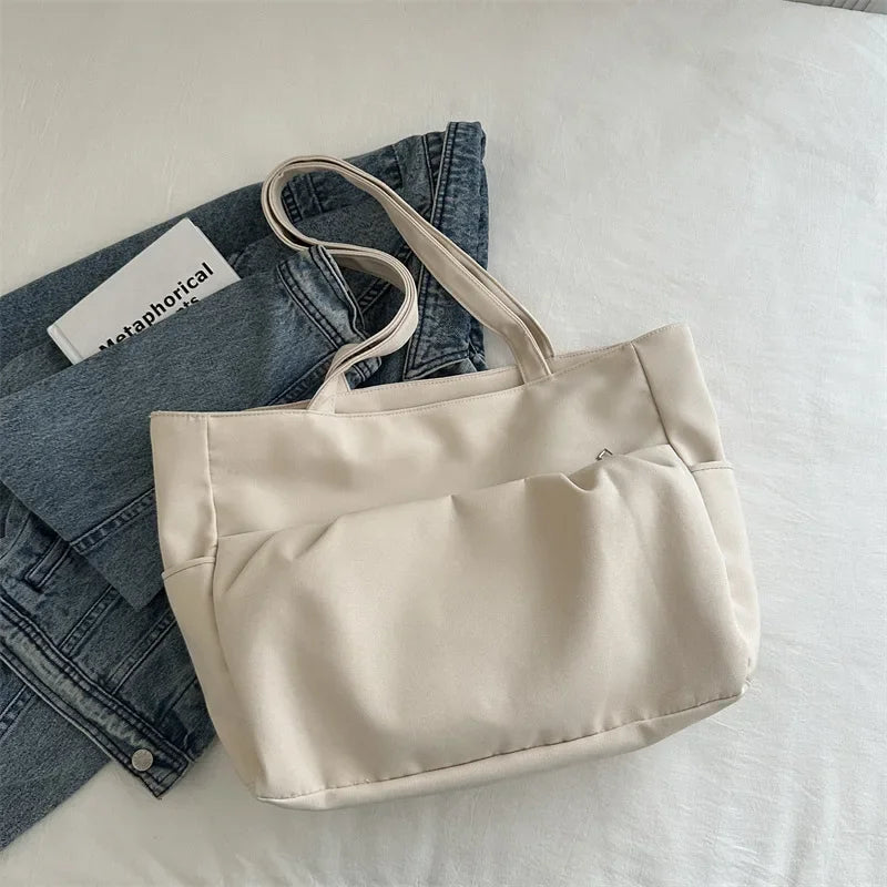 Ingvn  Casual Early Autumn Women Nylon Large Capacity Smooth Shoulder Bag Commuter Supple Solid Colour Ruched Outer Pocket Handle Bag