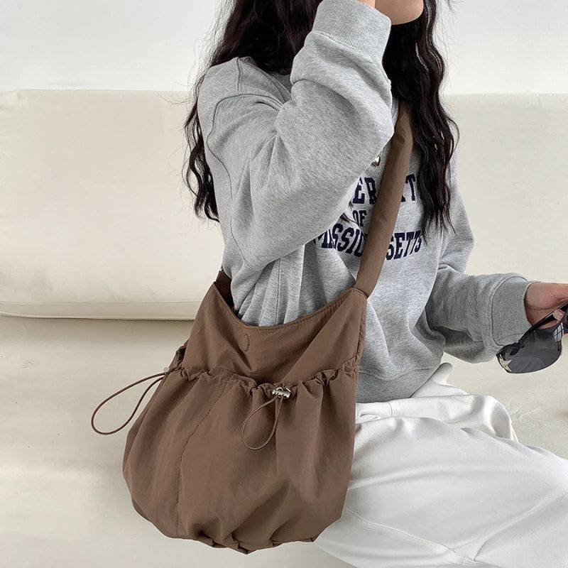Ingvn  On-Season Korean Style Niche Pleated Crossbody Bag Cloud Bag Casual Lightweight Hundred Shoulder Nylon Cloth Female Tote Bag