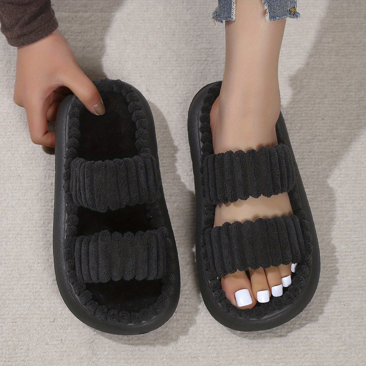 Chic Plush Double-Strap Slippers - Comfy Non-Slip Sole, Open-Toe Design - Stylish Indoor Footwear