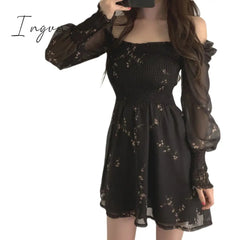 Ingvn - Spring Womens Sexy Black Dress Vintage Flower Long Puff Sleeve Chiffon Dresses Korean Casual Mini Vestidos Mujer Clothes
